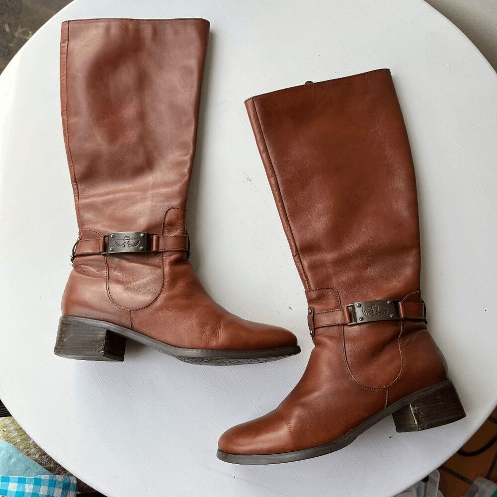 Etienne Aigner English Tan Leather Riding Boots Size 9M Buckle Detail